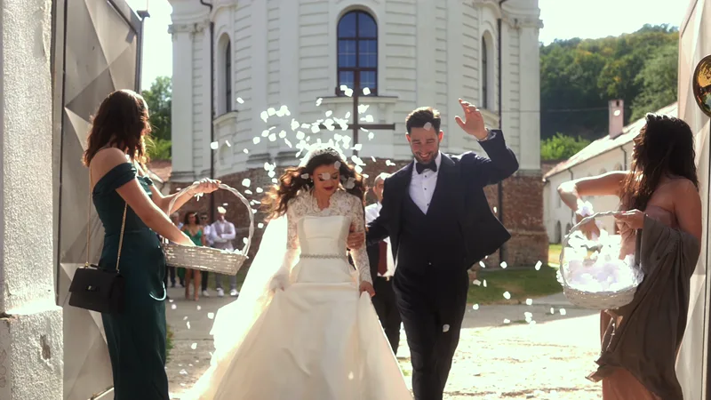 A bride and groom walk out of a church through a shower of petals thrown by guests.
